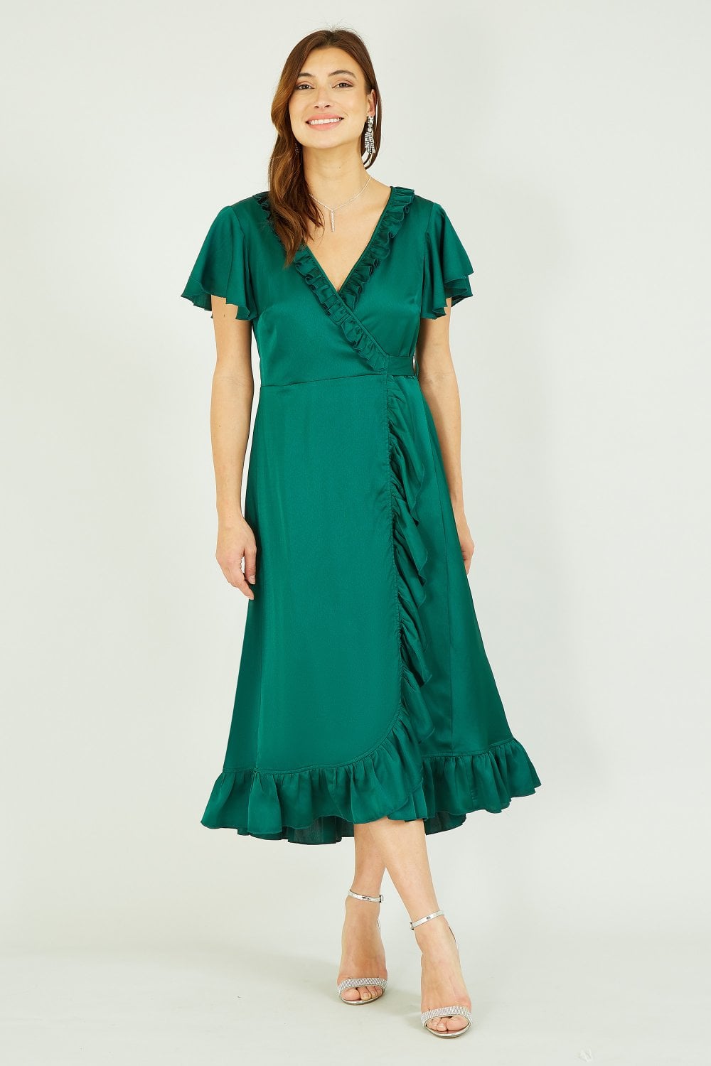 Yumi Green Satin Wrap Midi Dress Yumi