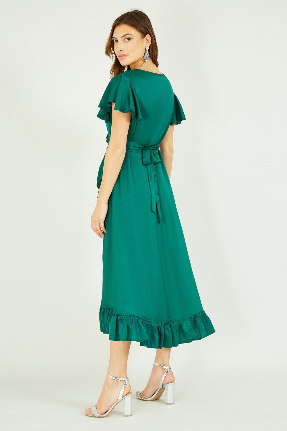 Yumi Green Satin Wrap Midi Dress Yumi