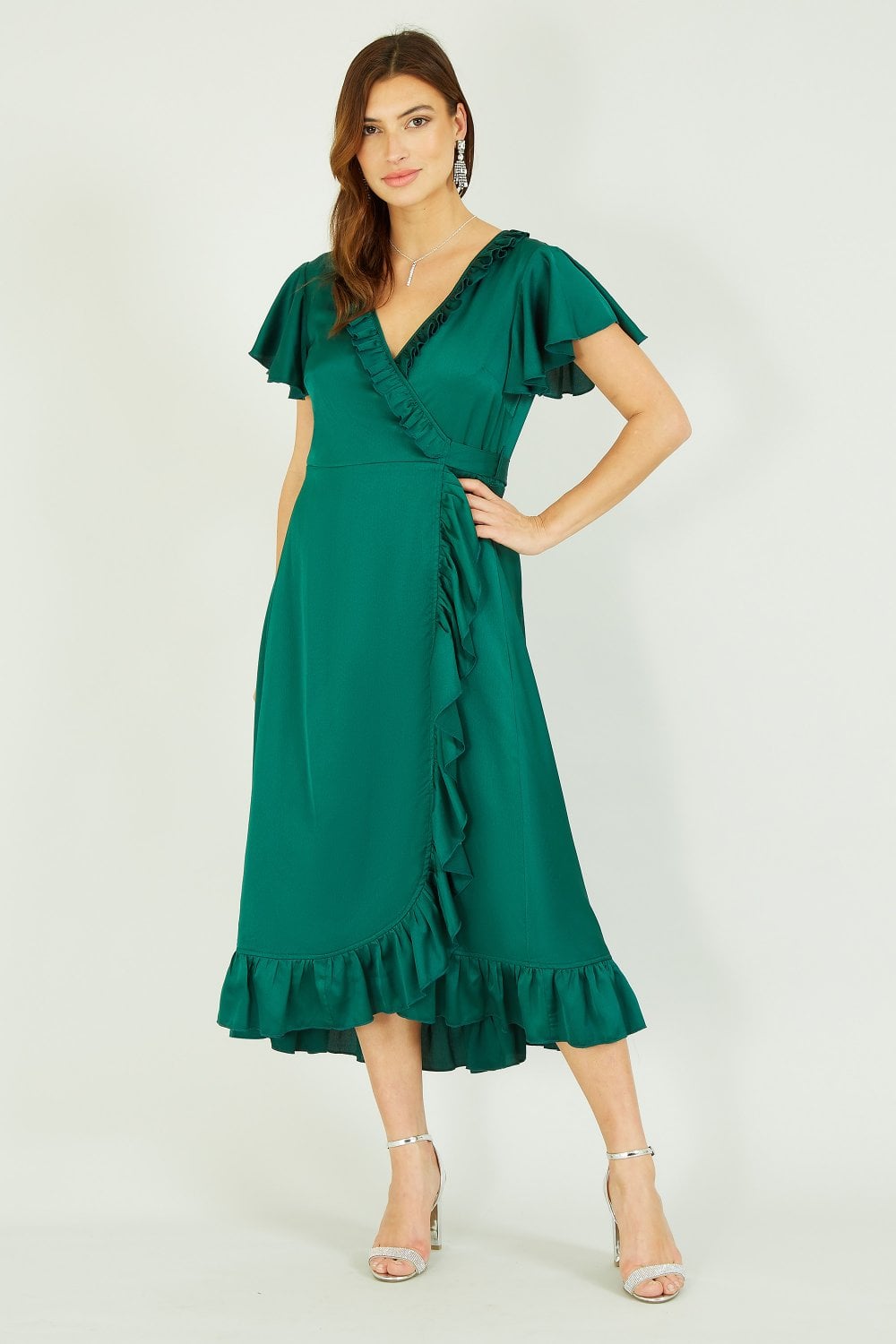 Yumi Green Satin Wrap Midi Dress Yumi