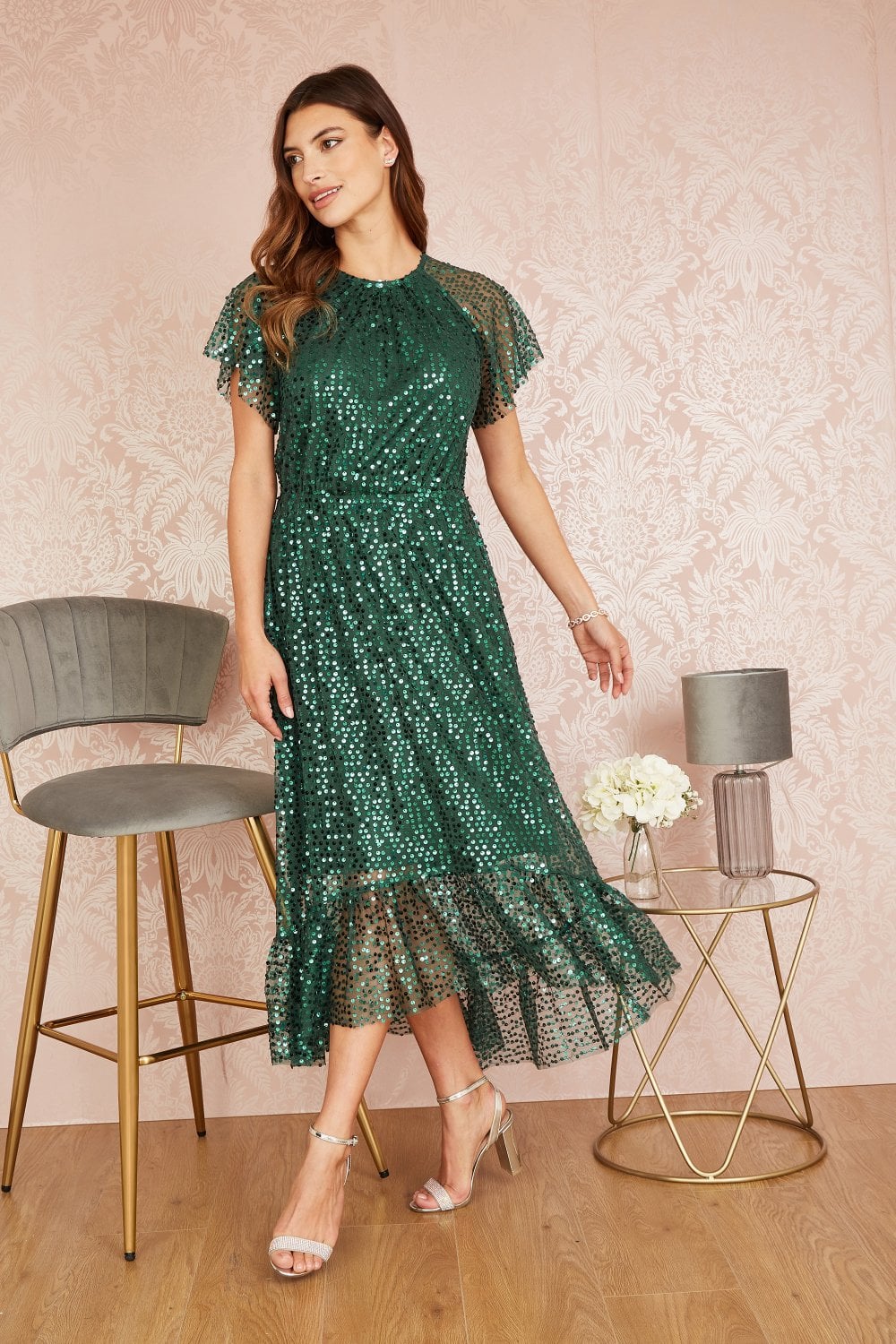 Yumi Green Sequin Angel Sleeve Midi Dress Yumi