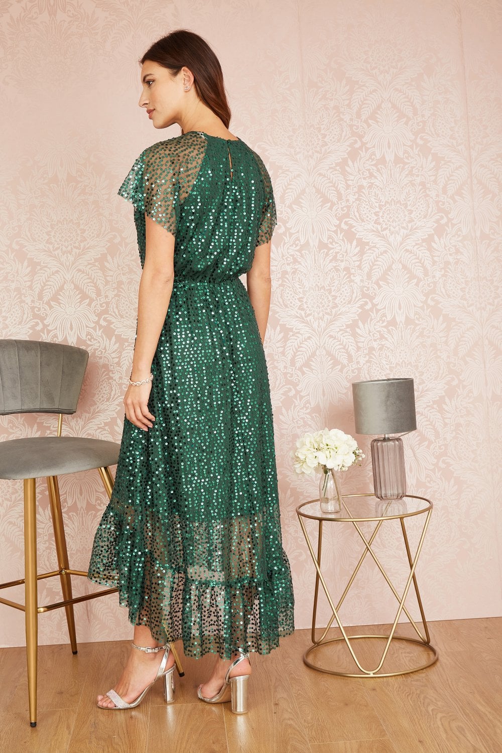 Yumi Green Sequin Angel Sleeve Midi Dress Yumi