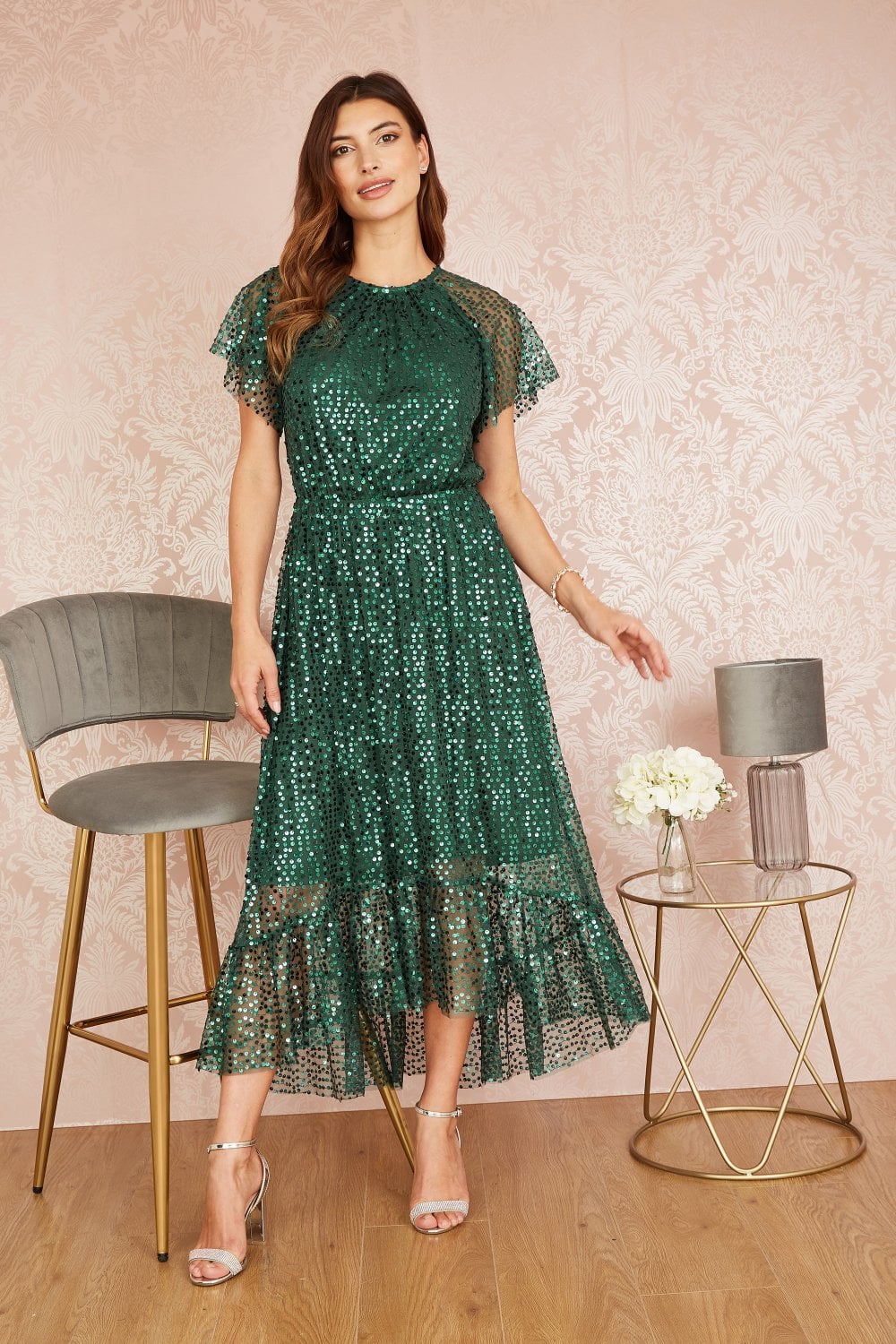 Yumi Green Sequin Angel Sleeve Midi Dress Yumi