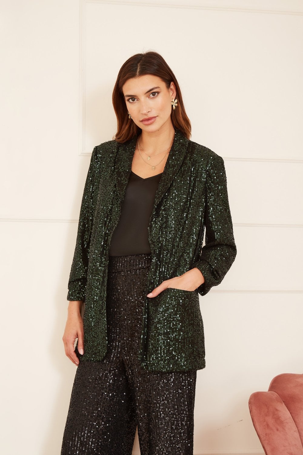 Yumi Green Sequin Blazer With Pockets Yumi