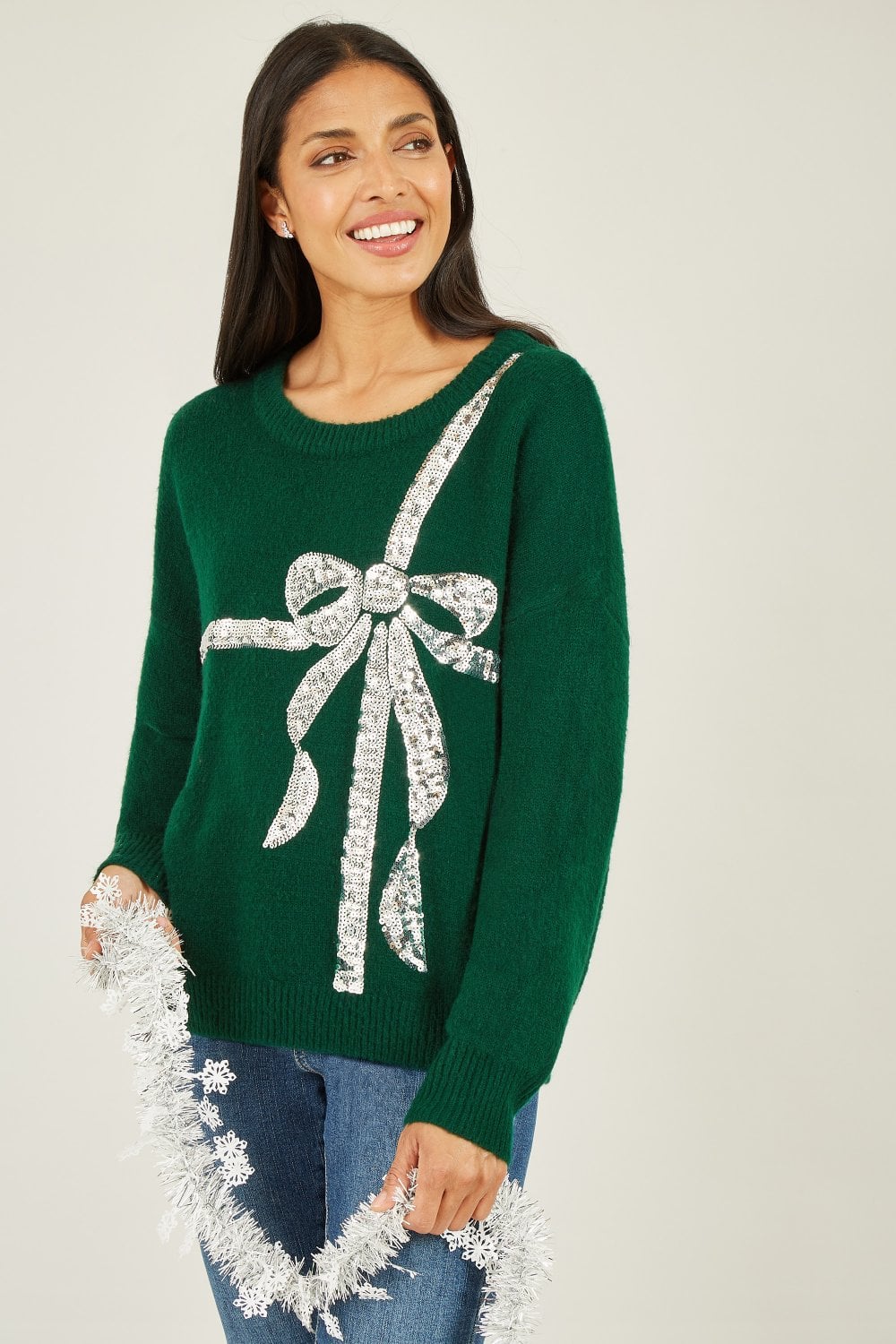 Yumi Green Sequin Bow Knitted Jumper Yumi