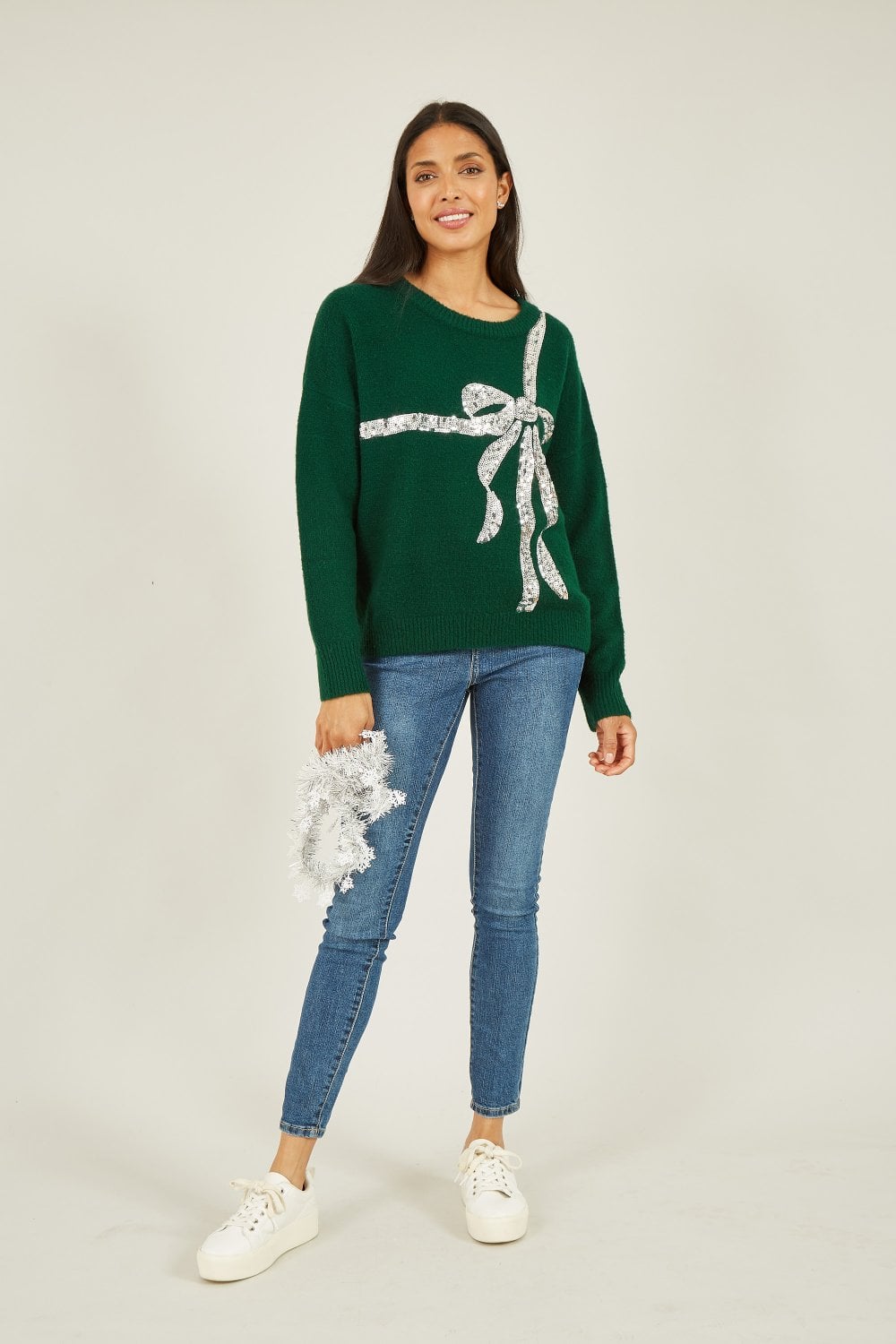 Yumi Green Sequin Bow Knitted Jumper Yumi