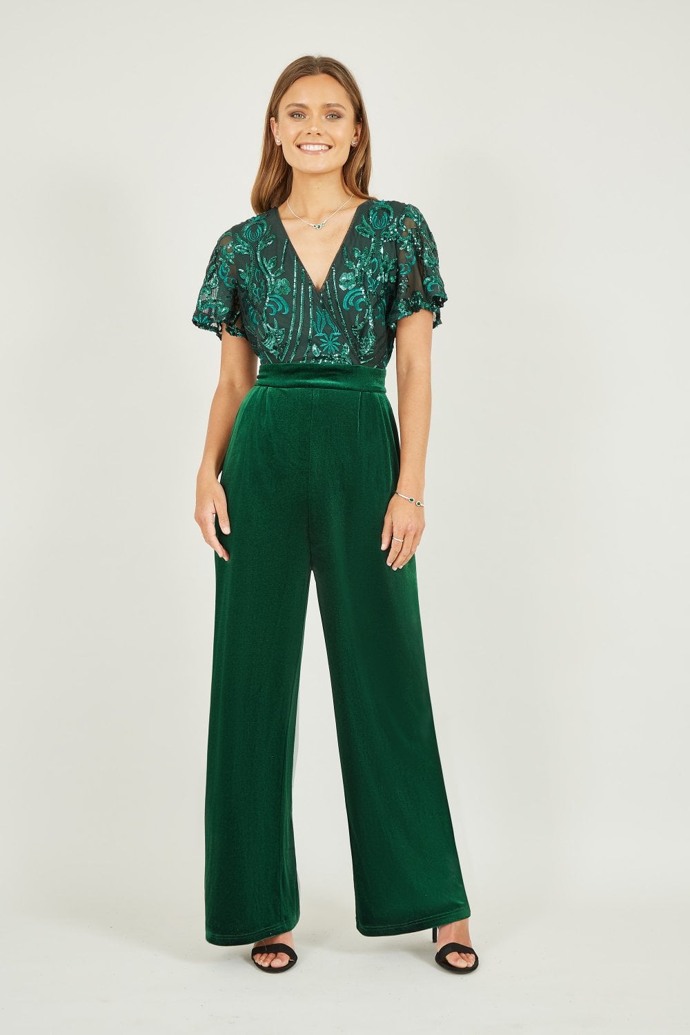 Yumi Green Sequin Embellished Velvet Jumpsuit With Angel Sleeves Yumi