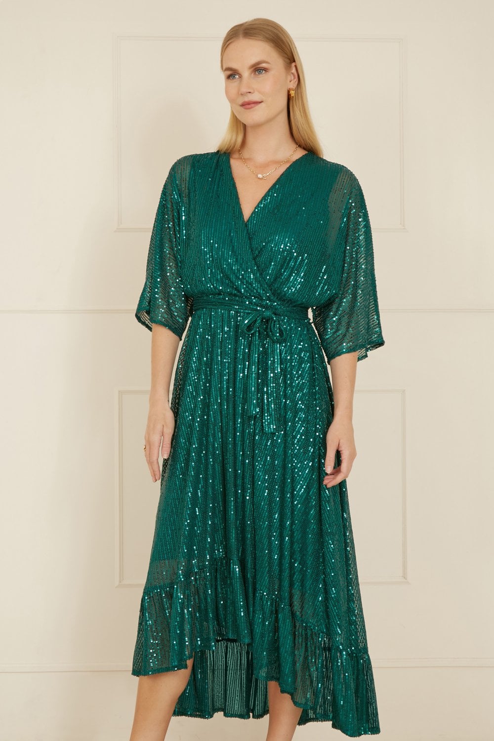 Yumi Green Sequin Kimono Midi Wrap Dress Yumi