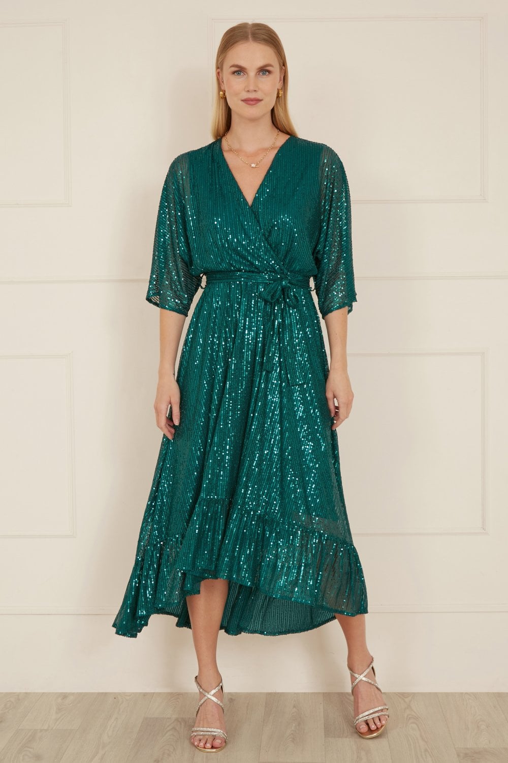 Yumi Green Sequin Kimono Midi Wrap Dress Yumi