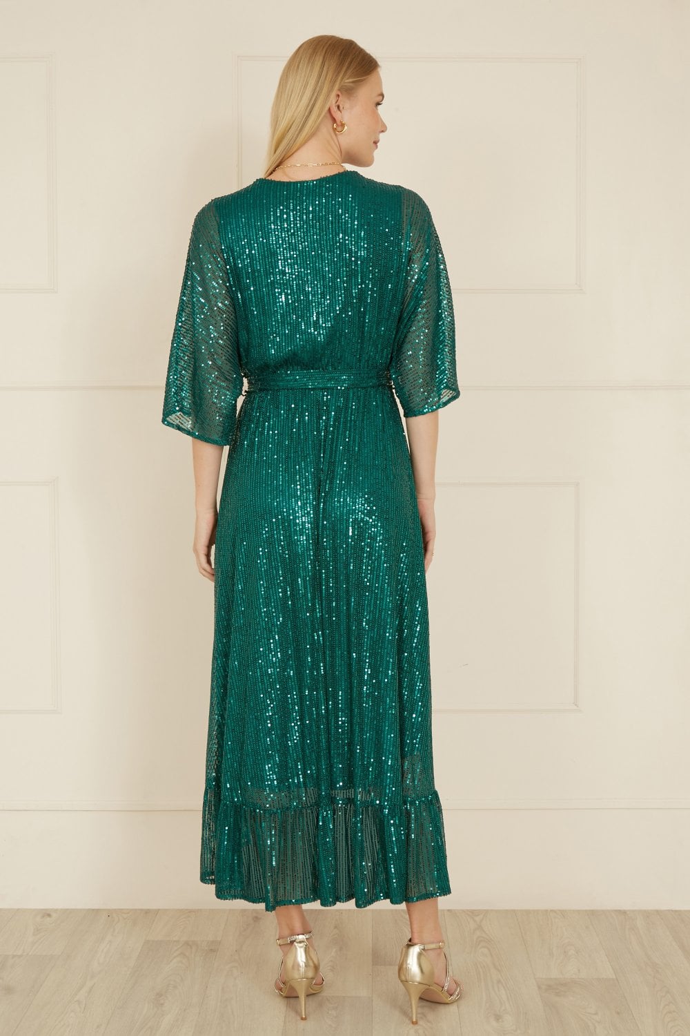 Yumi Green Sequin Kimono Midi Wrap Dress Yumi