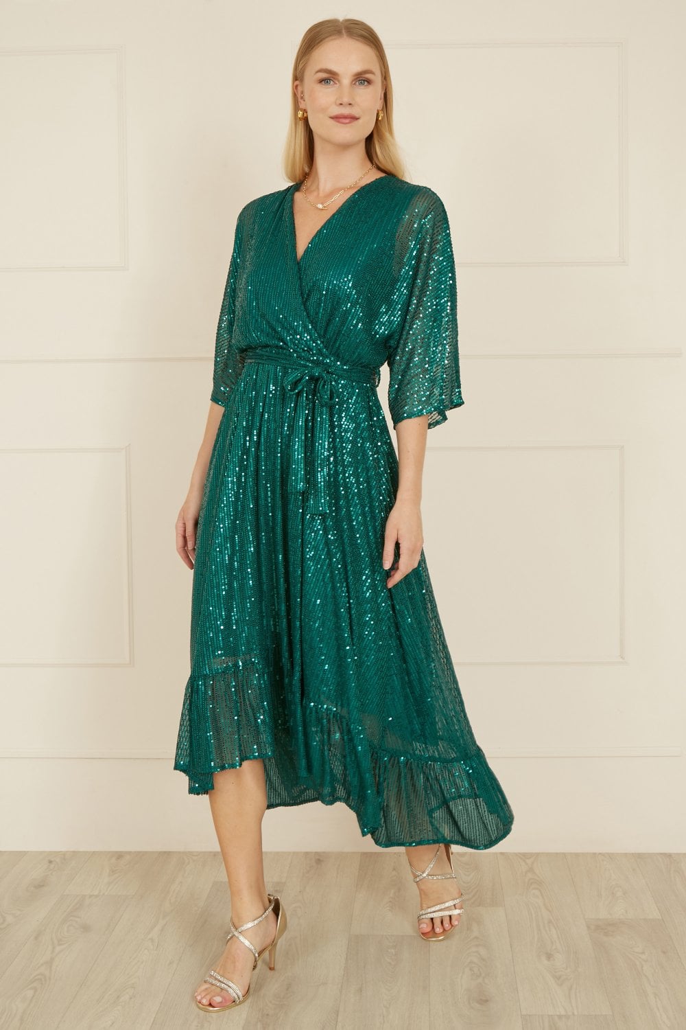 Yumi Green Sequin Kimono Midi Wrap Dress Yumi