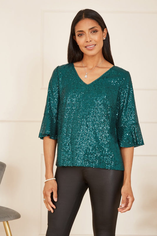 Yumi Green Sequin Top With Fluted Sleeve Yumi