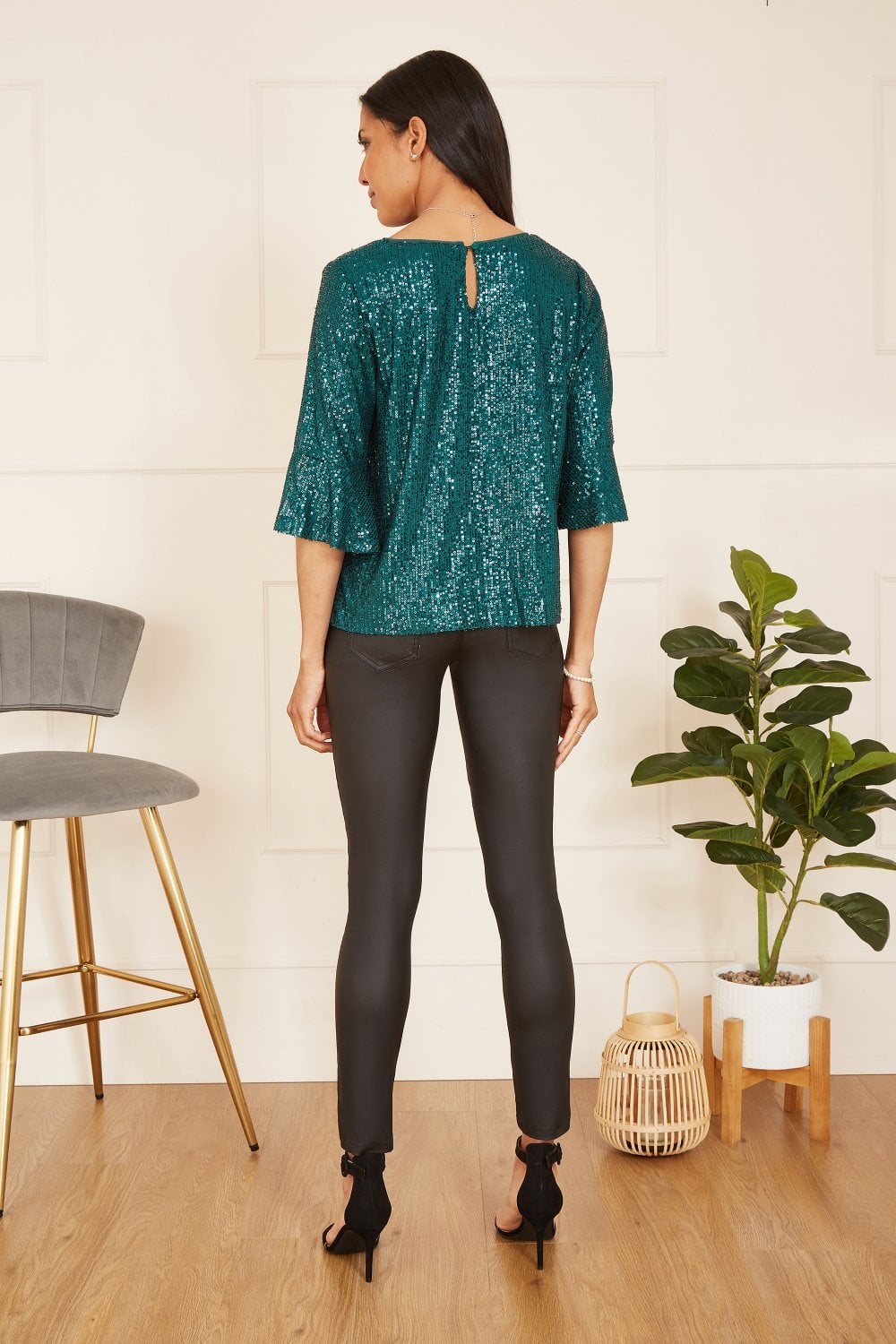 Yumi Green Sequin Top With Fluted Sleeve Yumi