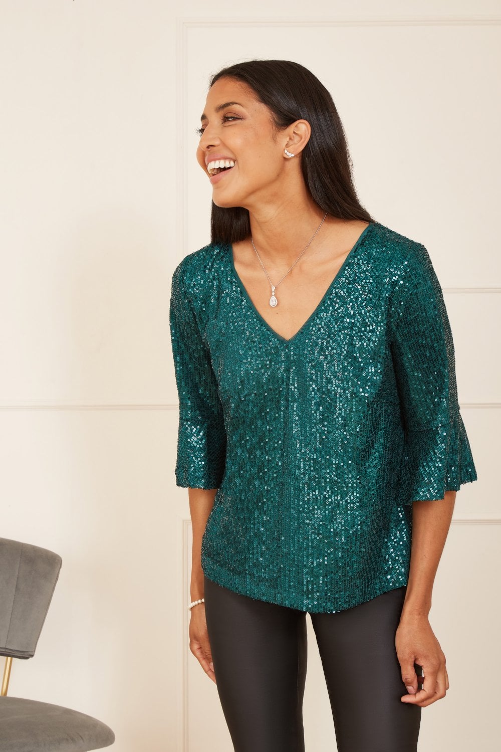 Yumi Green Sequin Top With Fluted Sleeve Yumi