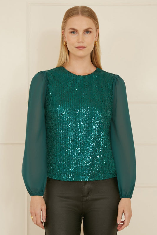 Yumi Green Sequin Top With Sheer Sleeves Yumi