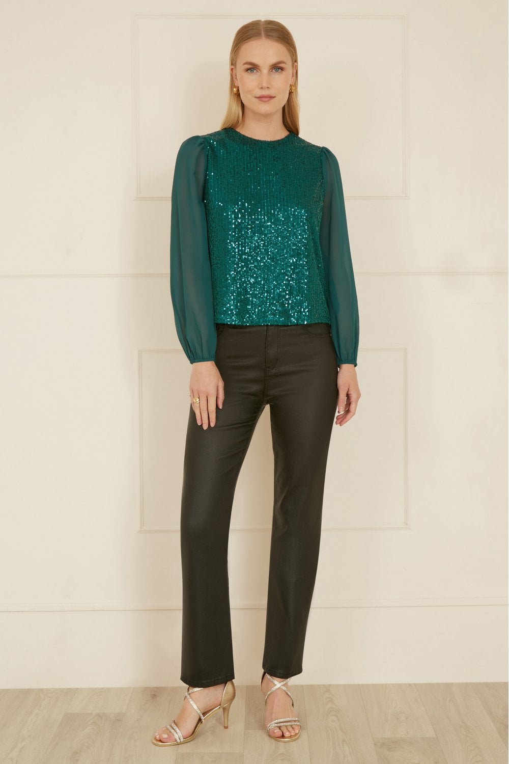 Yumi Green Sequin Top With Sheer Sleeves Yumi