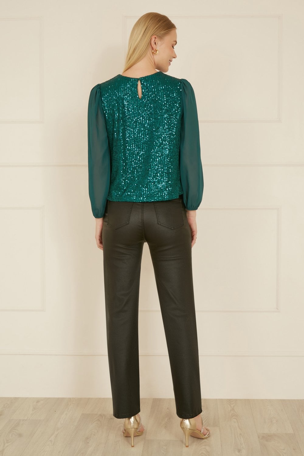 Yumi Green Sequin Top With Sheer Sleeves Yumi