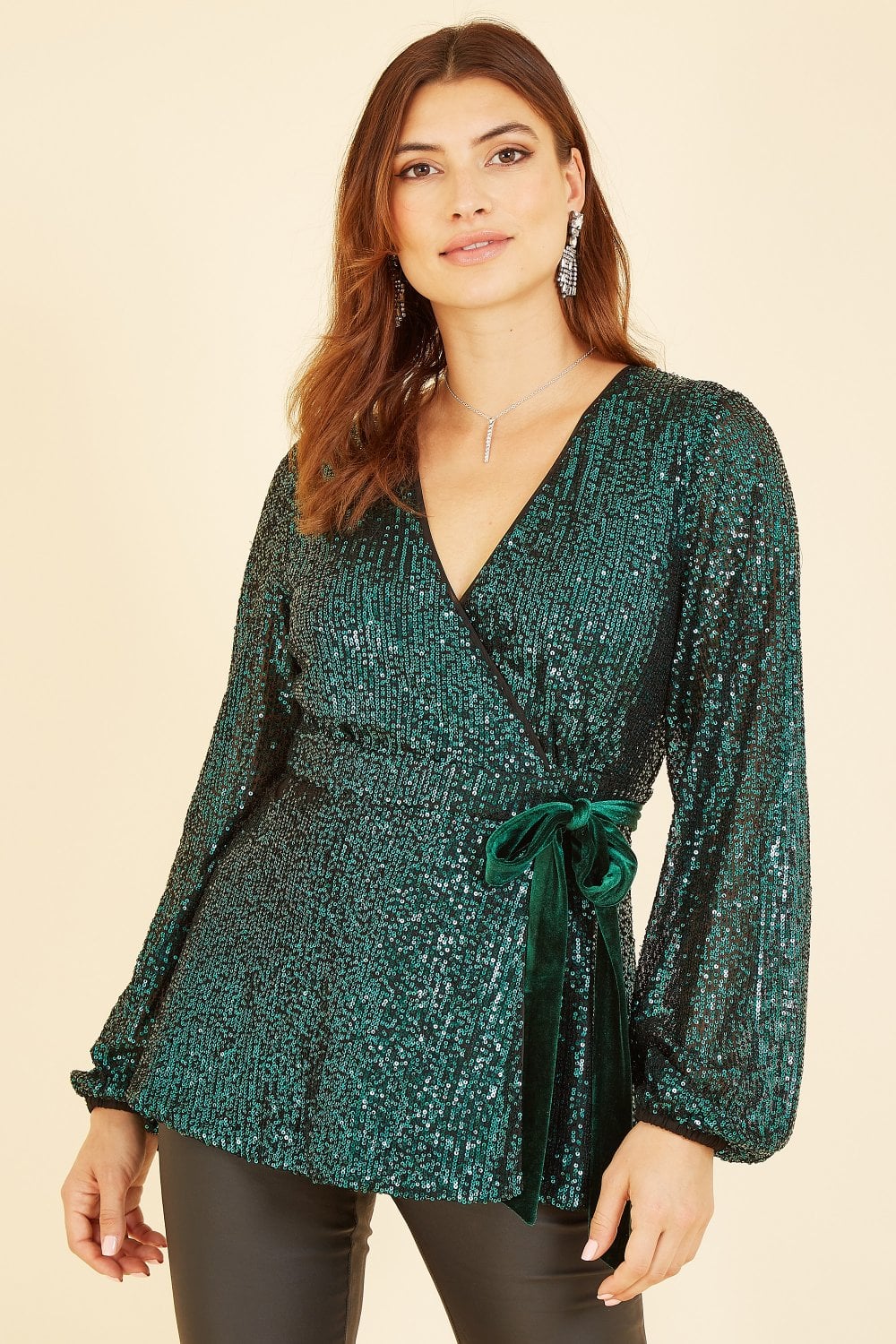 Yumi Green Sequin Wrap Top With Velvet Tie Yumi