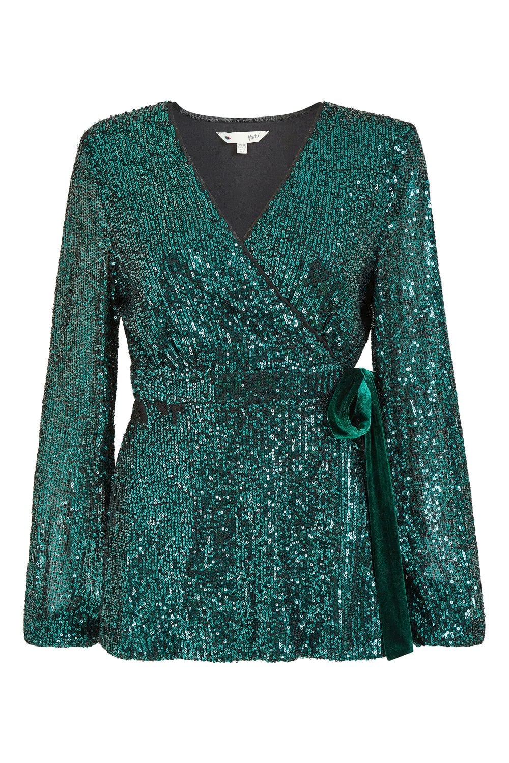 Yumi Green Sequin Wrap Top With Velvet Tie Yumi