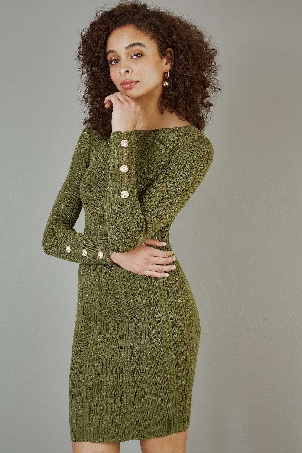 Yumi Green Shimmer Fitted Midi Dress With Button Yumi