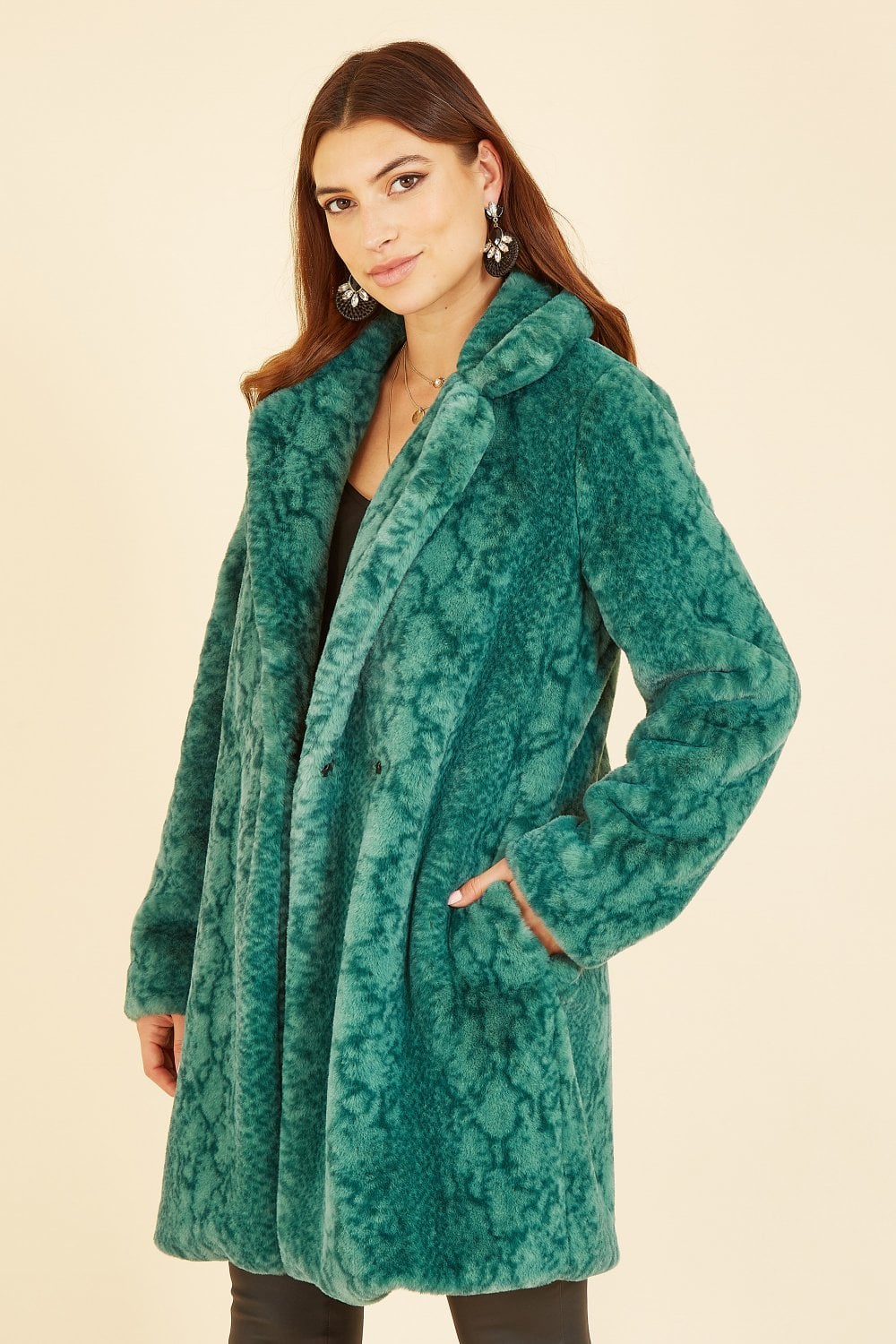 Yumi Green Snakeskin Print Faux Fur Coat Yumi