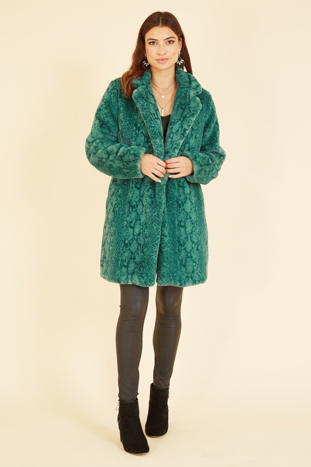 Yumi Green Snakeskin Print Faux Fur Coat Yumi