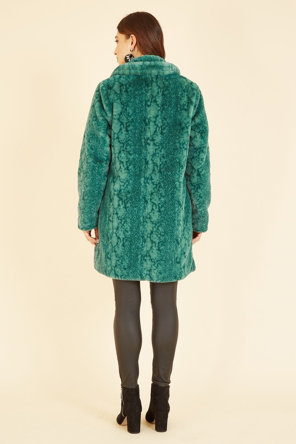 Yumi Green Snakeskin Print Faux Fur Coat Yumi