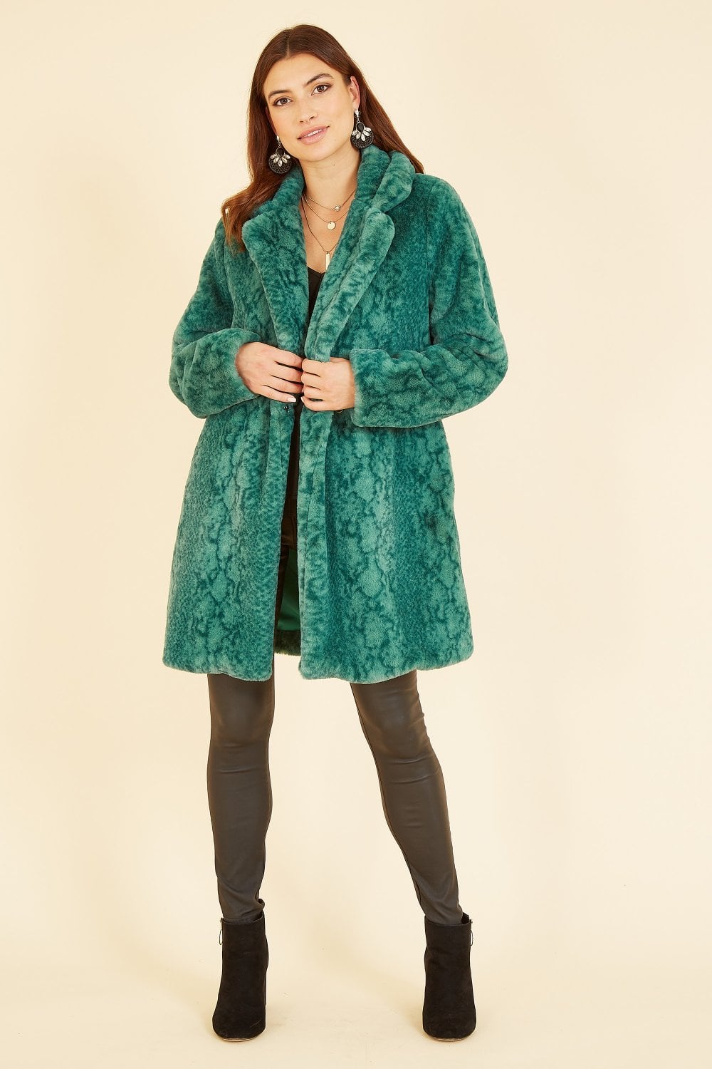 Yumi Green Snakeskin Print Faux Fur Coat Yumi