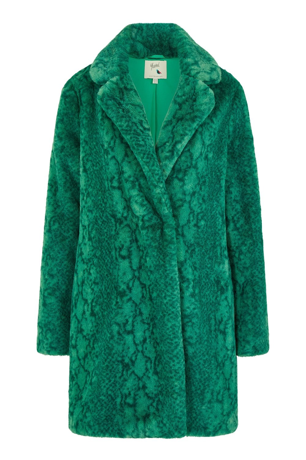 Yumi Green Snakeskin Print Faux Fur Coat Yumi