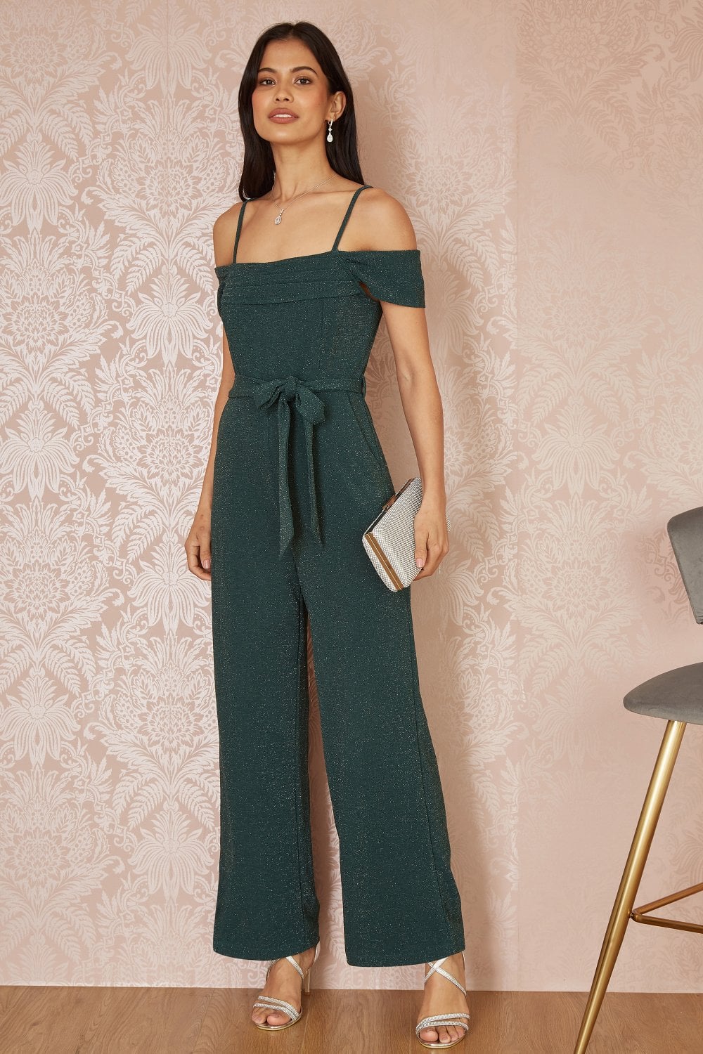 Yumi Green Sparkle Stretch Bardot Jumpsuit Yumi