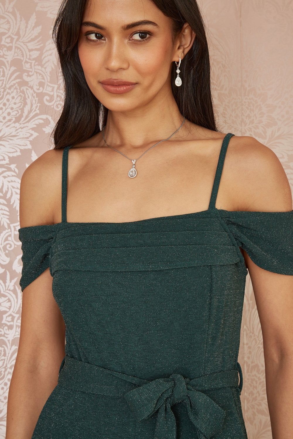 Yumi Green Sparkle Stretch Bardot Jumpsuit Yumi