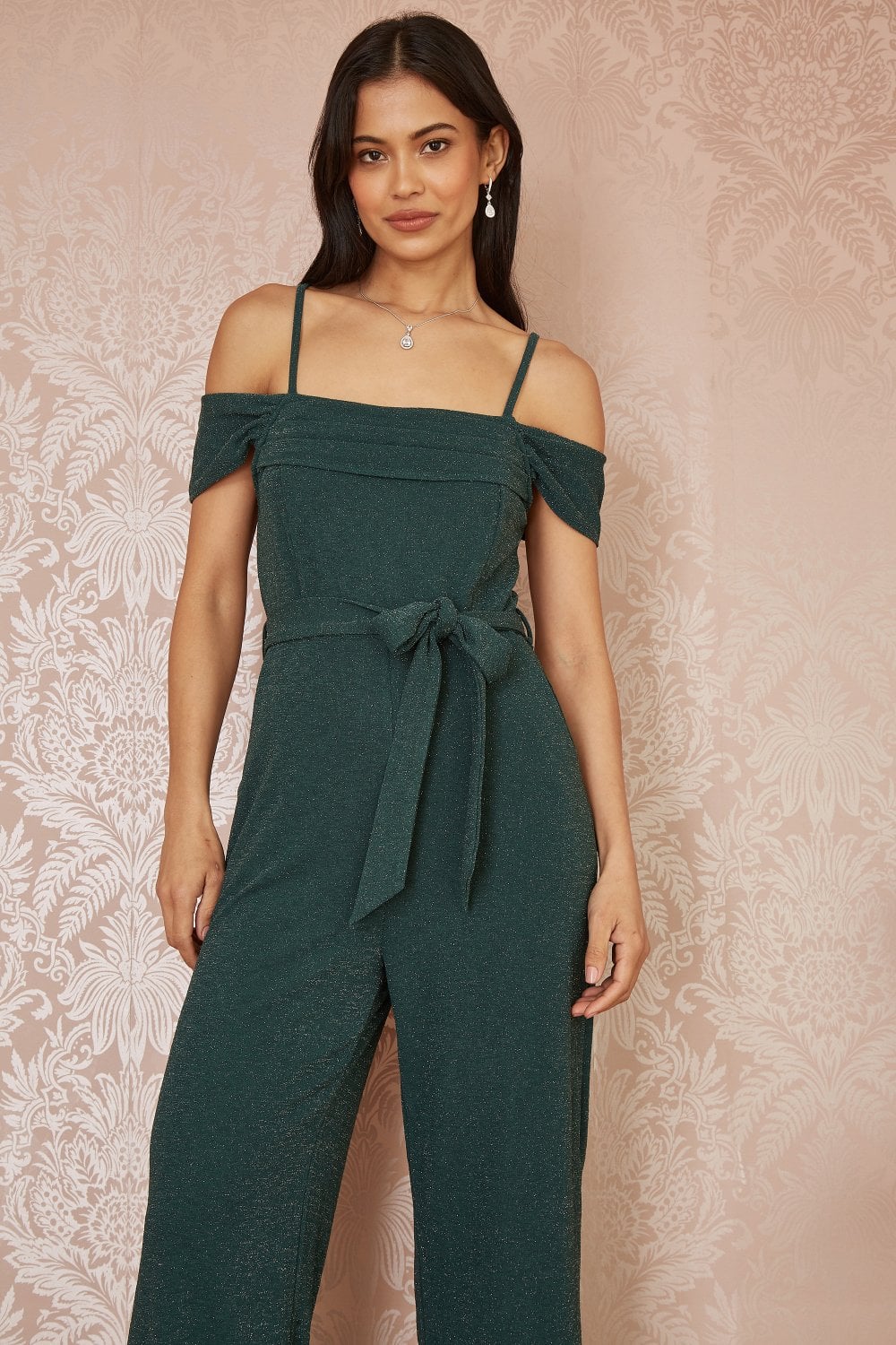 Yumi Green Sparkle Stretch Bardot Jumpsuit Yumi