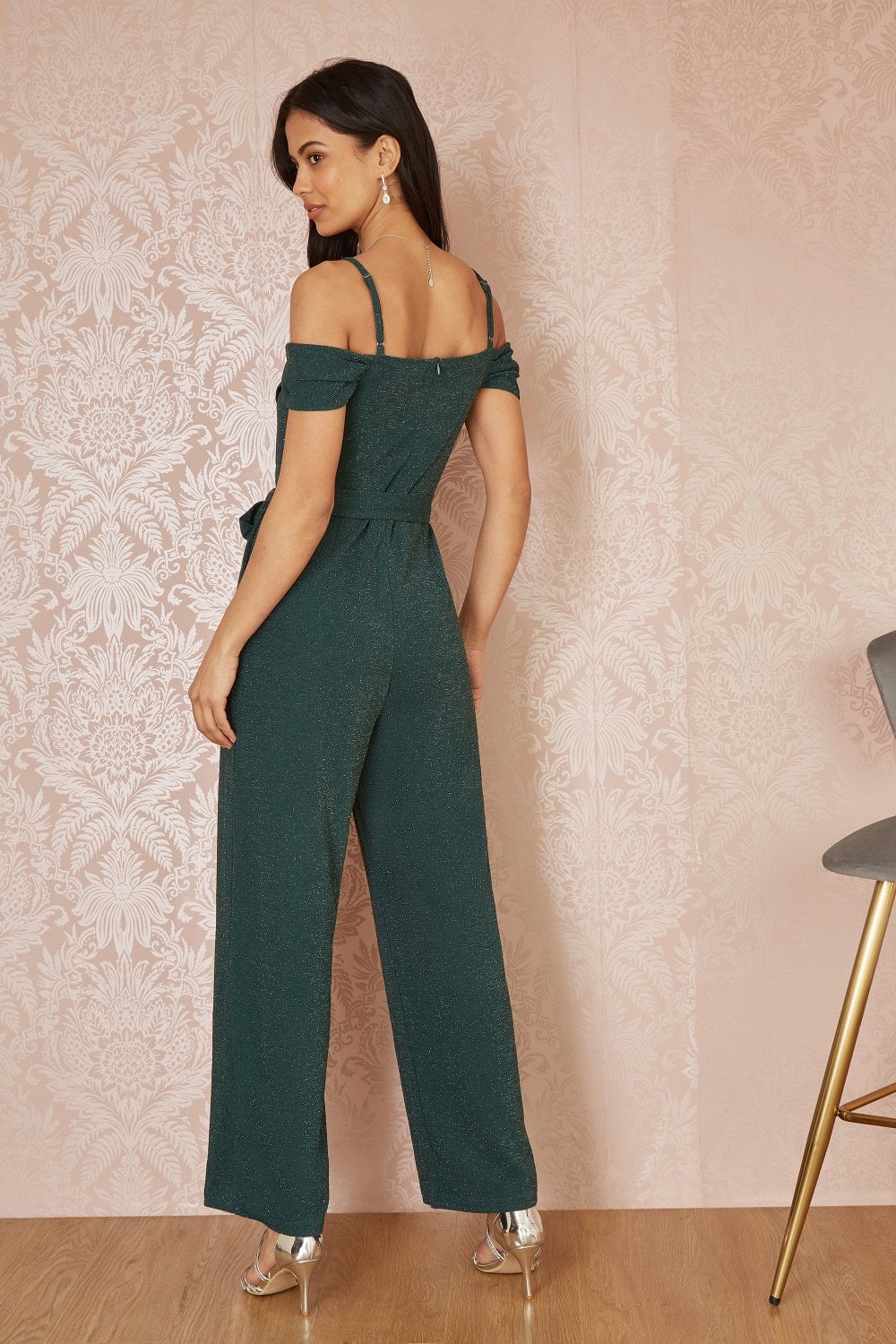 Yumi Green Sparkle Stretch Bardot Jumpsuit Yumi