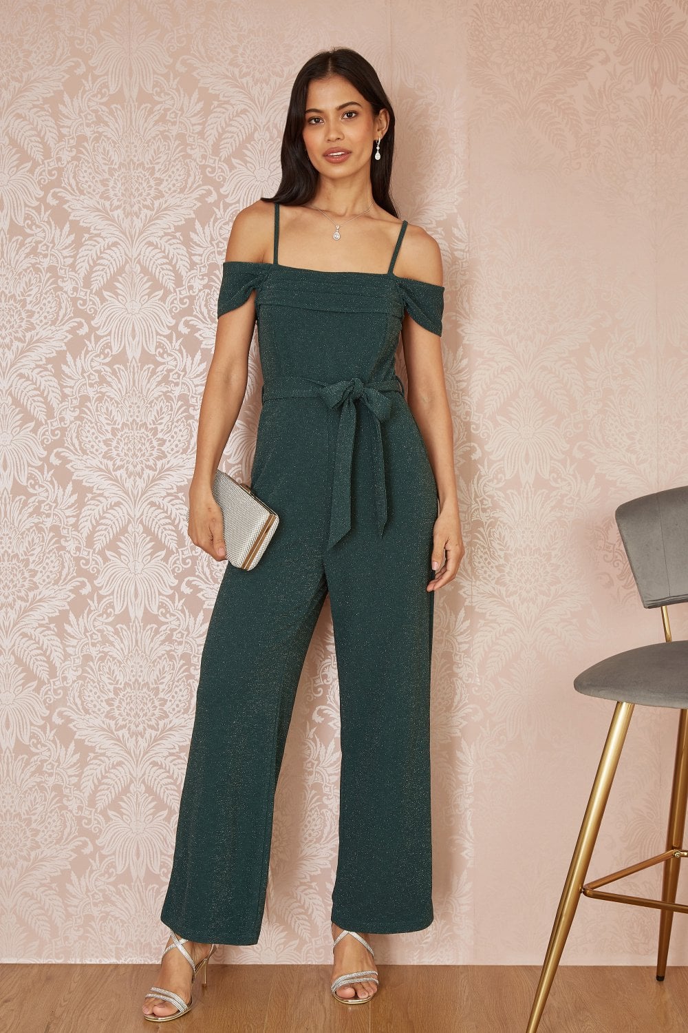 Yumi Green Sparkle Stretch Bardot Jumpsuit Yumi