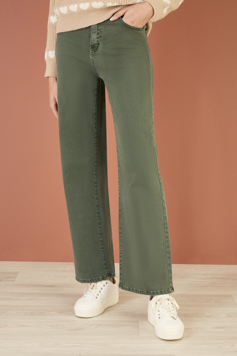 Yumi Green Stretch Canvas Wide Leg High Waist Jeans Yumi