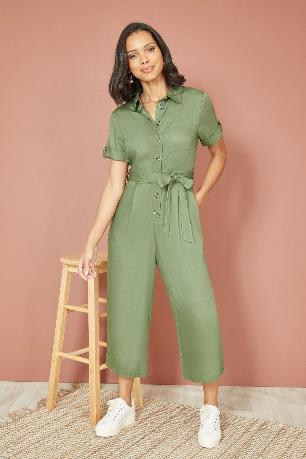 Yumi Green Twill Viscose Utility Jumpsuit Yumi