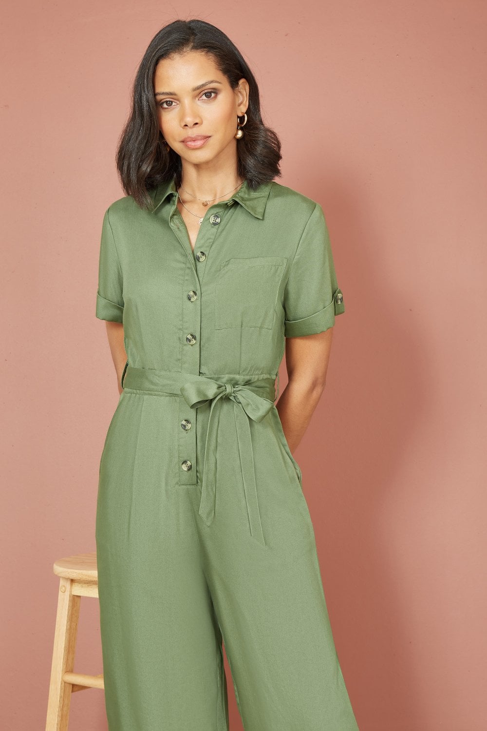 Yumi Green Twill Viscose Utility Jumpsuit Yumi