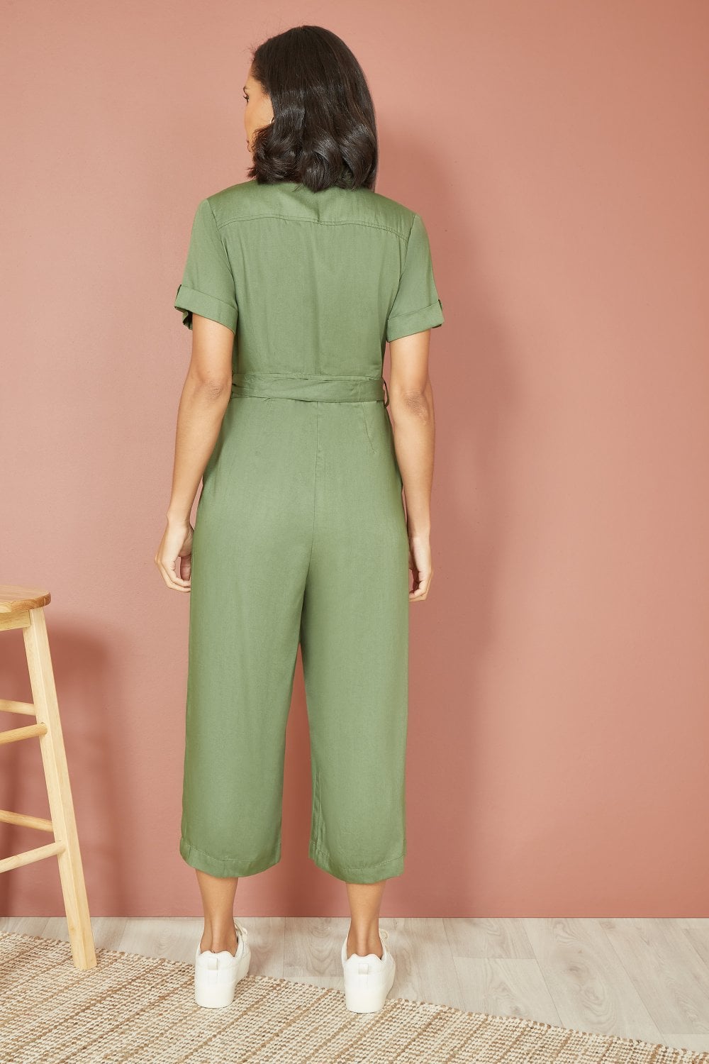 Yumi Green Twill Viscose Utility Jumpsuit Yumi