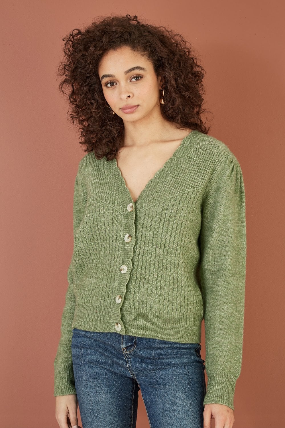 Yumi Green Twist Knit Button Up Cardigan Yumi