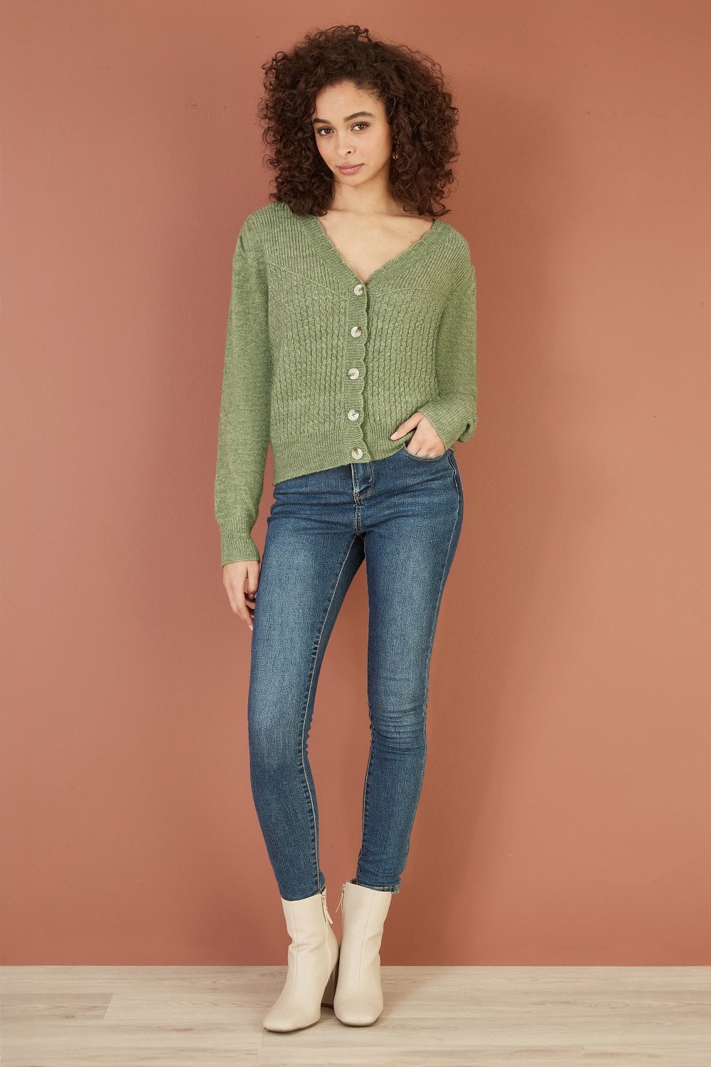 Yumi Green Twist Knit Button Up Cardigan Yumi