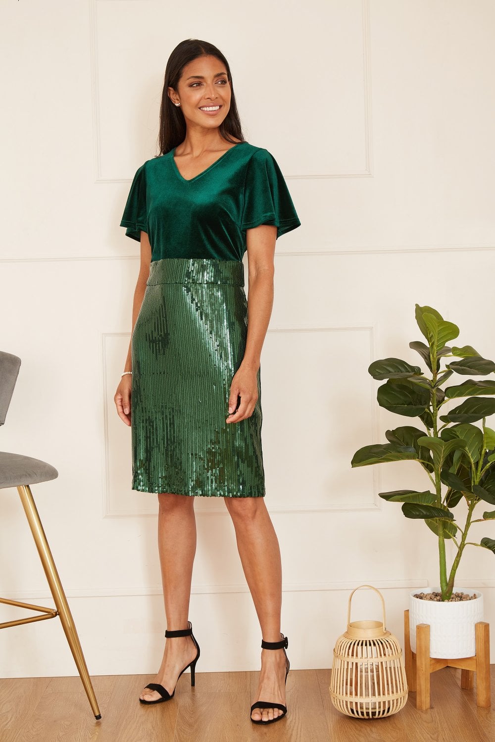 Yumi Green Velvet And Sequin Fitted Dress Yumi