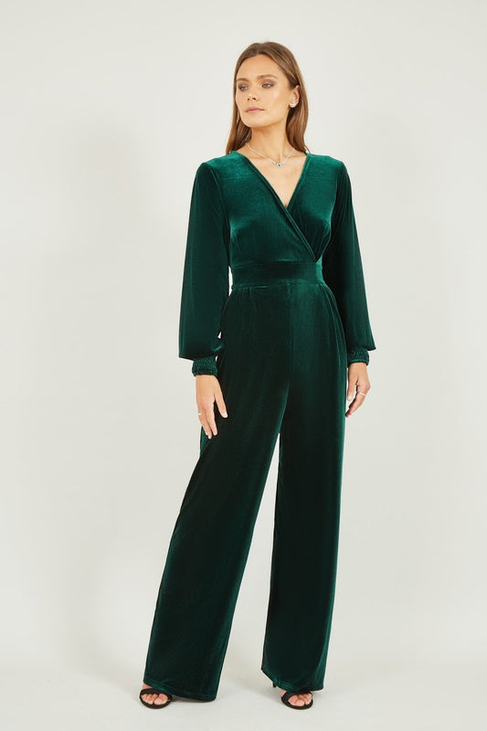 Yumi Green Velvet Long Sleeve Jumpsuit Yumi