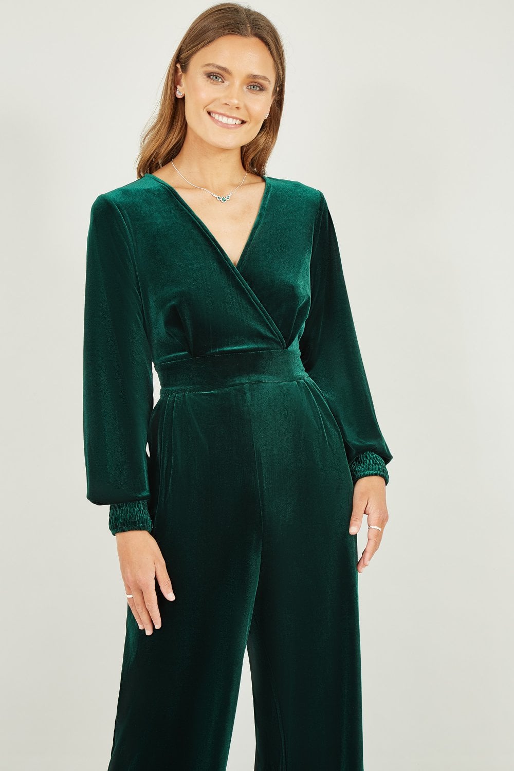 Yumi Green Velvet Long Sleeve Jumpsuit Yumi