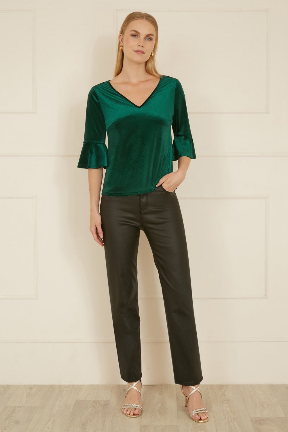 Yumi Green Velvet Relaxed Fit Top With Fluted Sleeves Yumi