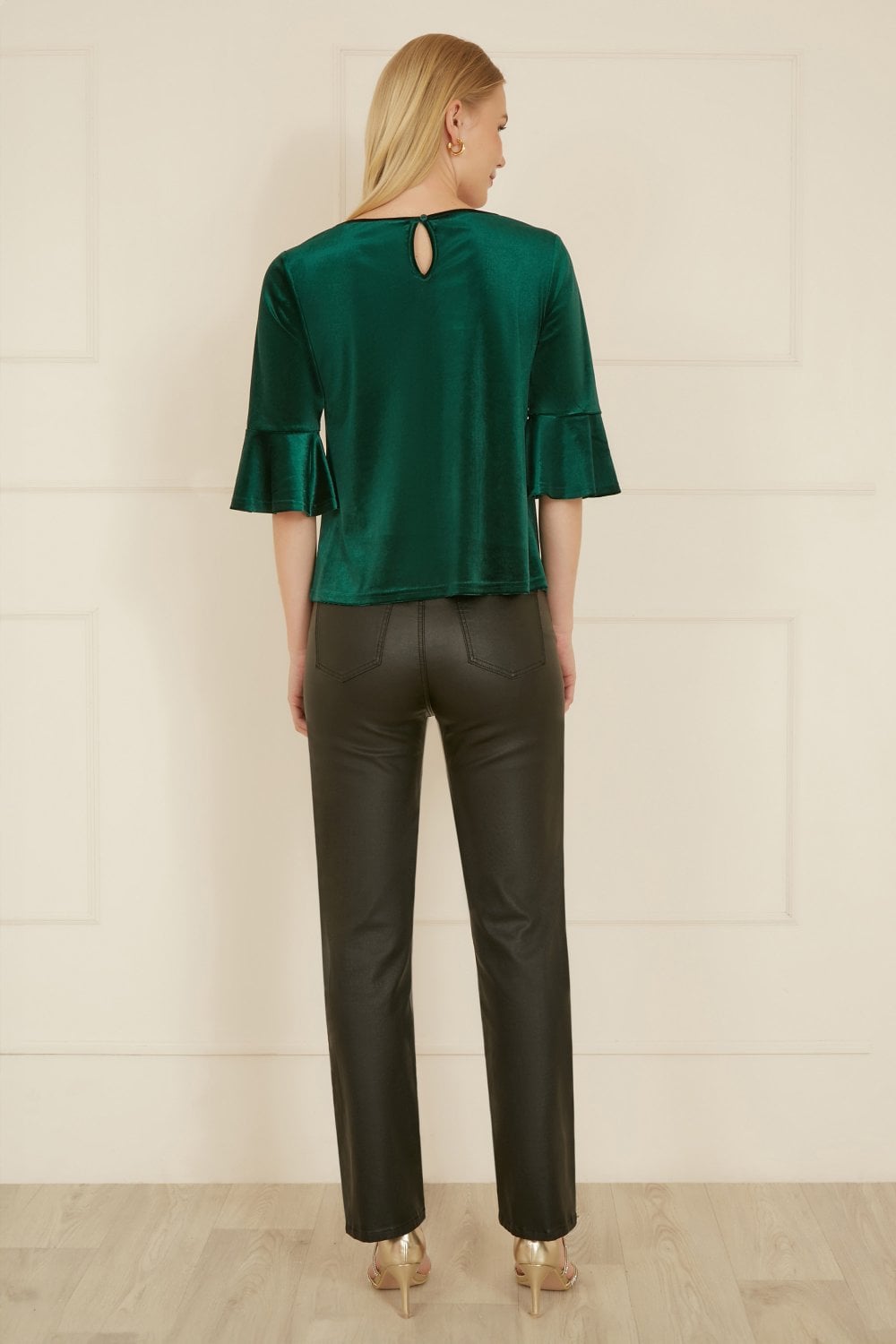 Yumi Green Velvet Relaxed Fit Top With Fluted Sleeves Yumi