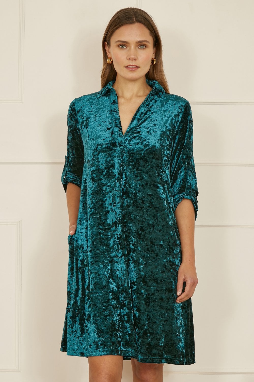 Yumi Green Velvet Tunic Dress With 3/4 Sleeves Yumi