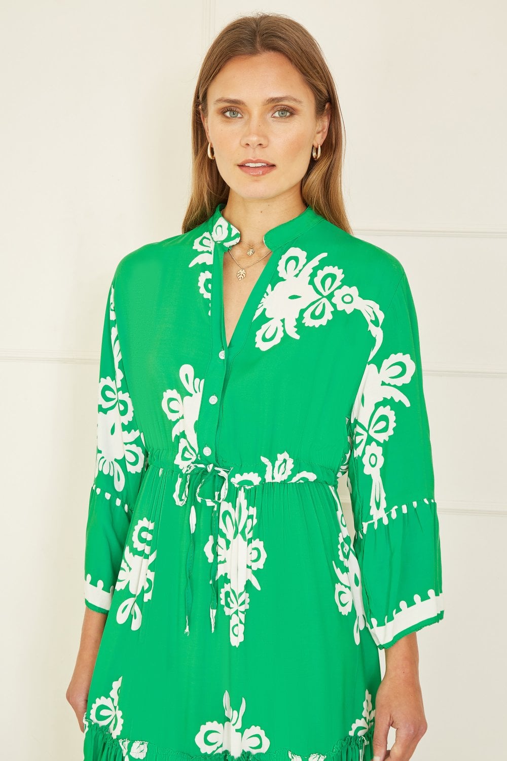 Yumi Green Viscose Midi Dress With Long Sleeves Yumi