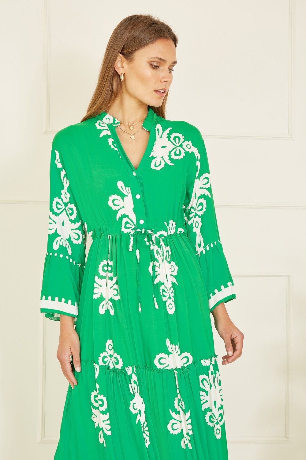 Yumi Green Viscose Midi Dress With Long Sleeves Yumi