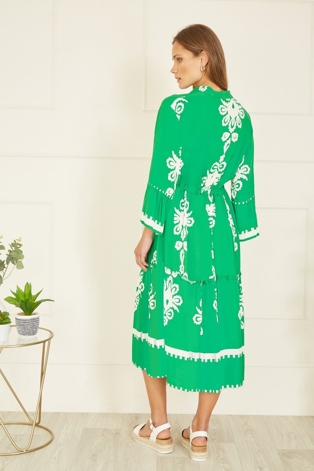 Yumi Green Viscose Midi Dress With Long Sleeves Yumi