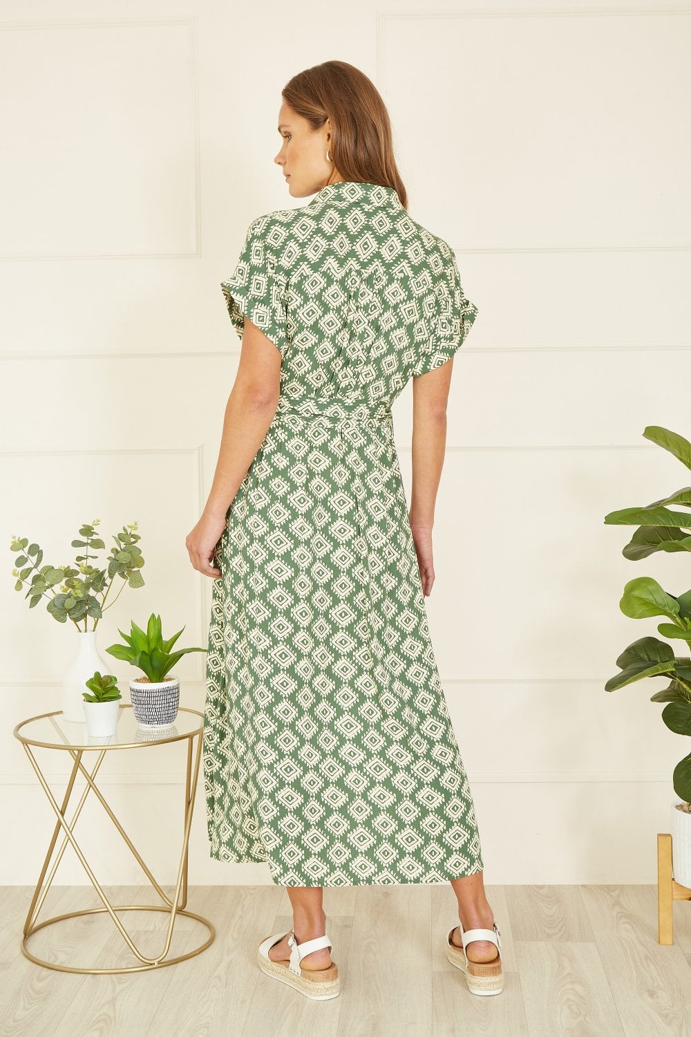 Yumi Green Viscose Midi Shirt Dress With Matching Belt Yumi