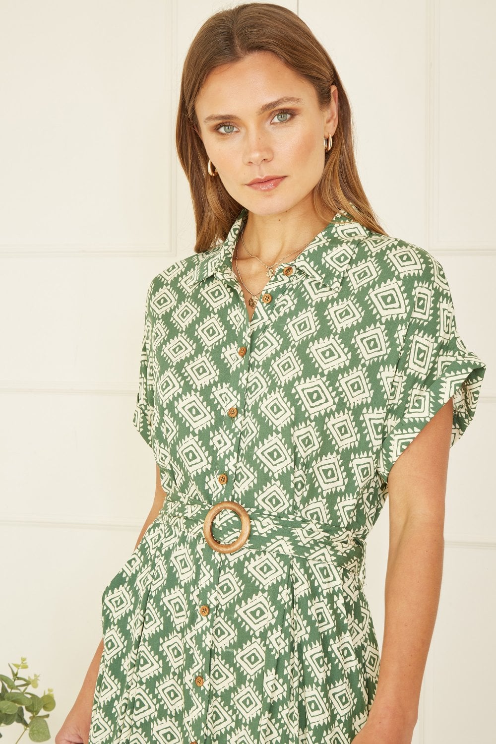 Yumi Green Viscose Midi Shirt Dress With Matching Belt Yumi